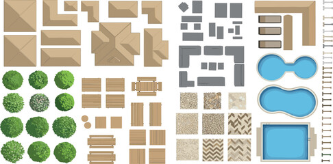 Top View elements for master plans. Trees, furniture, houses, pools, bushes, and tiles. For the architectural plan. Vector illustration