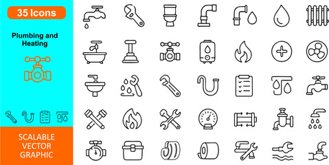 Plumbing & Heating Vector Icon Set — Flat Editable Icons of Pipes, Faucets, Boilers, Wrenches, Radiators, Water Heaters, Tools, Repairs & HVAC Systems for Maintenance & Service Projects

