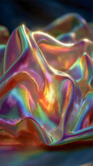 Obraz premium Abstract iridescent swirl with vibrant holographic reflections in soft focus, creating a fluid and dreamy visual effect