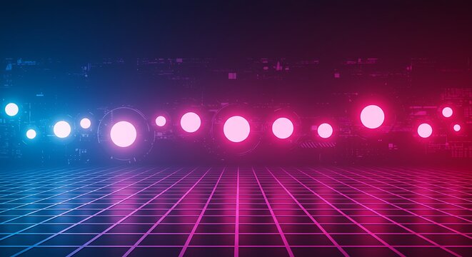 Futuristic retro synthwave background with a glowing neon grid and pink spheres. Abstract digital cyberspace scene for technology. - Powered by Adobe