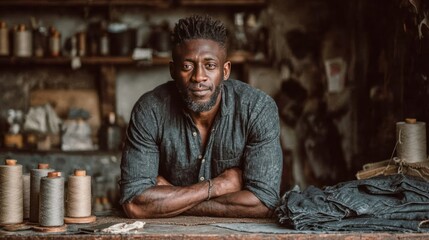 African-American Entrepreneur with Crossed Arms Poses for Camera in Sewing Workshop