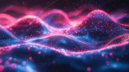 Data flow visualization, streaming digital information waves, holographic blue and pink light trails, network connections, particle effects, tech background, cyber space aesthetic