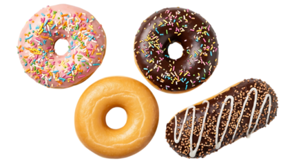 Assorted frosted donuts with sprinkles isolated on transparent background