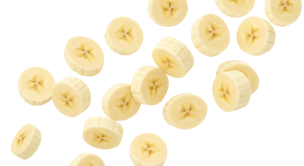 Sliced banana pieces falling isolated on transparent background