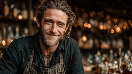 Fototapeta premium Bartender Wearing Apron and Smiling