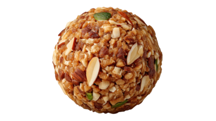 Granola ball isolated on transparent background with nuts and seeds for healthy snack