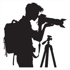 Silhouette of a male photographer with a camera on a tripod, a vector illustration representing the art of photography.
