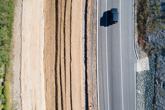 Aerial view of road widening roadworks