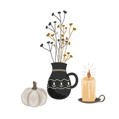 Fall Aesthetic Composition with Pumpkin, Candle and dried plants bouquet in a ceramic jug. Vector Autumn illustration