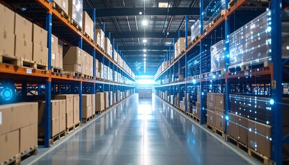 Futuristic warehouse interior with digital overlay highlighting logistics and inventory management