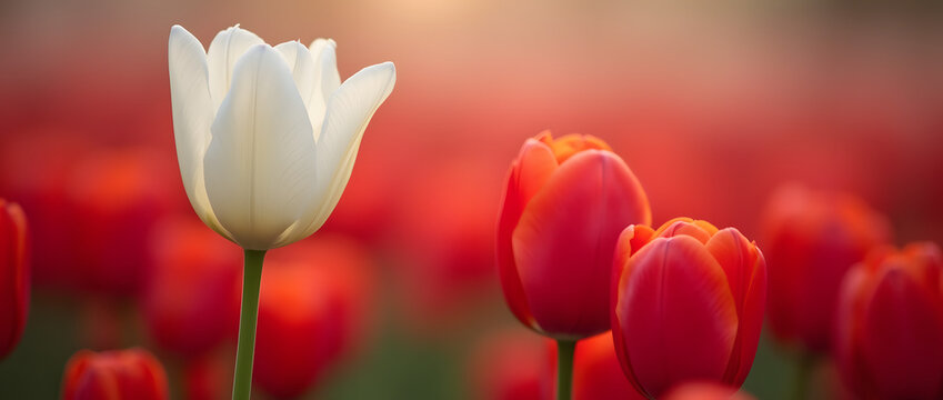 Une tulipe blanche unique parmi des tulipes rouges. Concept original. Individualité et diversité dans la nature. Symbole de la Journée de la femme, de la fête des Mères et de la Saint-Valentin. 