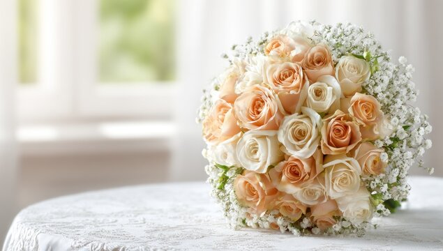 Peach and white roses bouquet with baby's breath, resting on a white textured tablecloth with a blurred window backdrop - Powered by Adobe
