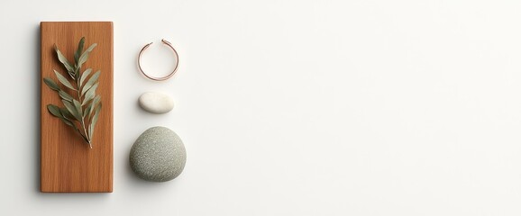 Minimalist arrangement of wooden board, leaves, stones, and a bracelet
