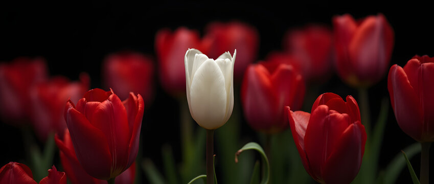 Une tulipe blanche unique parmi des tulipes rouges. Concept original. Individualit&eacute; et diversit&eacute; dans la nature. Symbole de la Journ&eacute;e de la femme, de la f&ecirc;te des M&egrave;res et de la Saint-Valentin. 