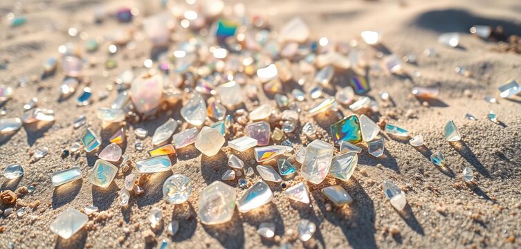 Scattered iridescent glass fragments gleam on sunlit sand, ocean, sparkle