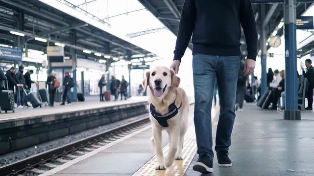 Guide Dog Assists Adult Caucasian Male at Busy Train Station Platform