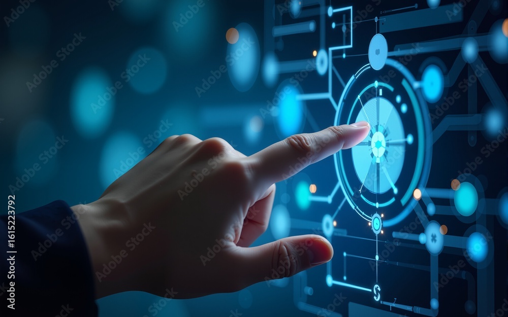 Wall mural hand touch digital hud interface futuristic technology background of virtual computer screen display