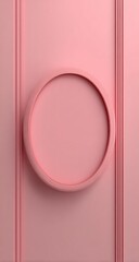 Monochromatic abstract of a flat pink surface, featuring a recessed circular frame, accented by vertical parallel bands that add subtle depth and structure