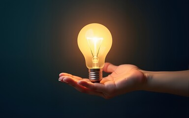 Hand hold glowing idea light bulb and innovation thinking creative concept on success inspiration dark background with solution creative business design. High quality