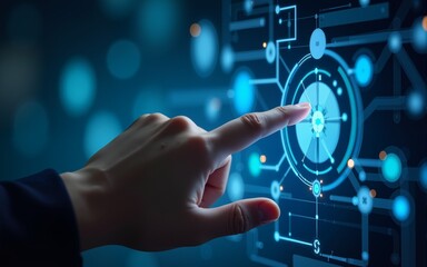 Hand touch digital hud interface futuristic technology background of virtual computer screen display ui future concept or cyber communication hologram and innovation internet system on vr cyberspace.