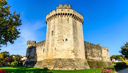 A medieval stone tower under a clear blue sky