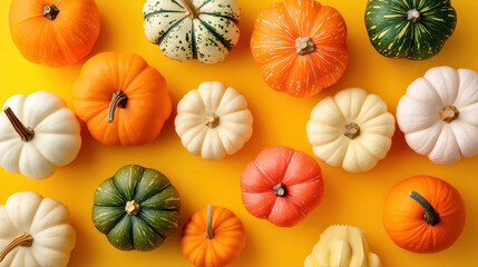 Colorful Mini Pumpkins on Vibrant Yellow Background for Fall and Thanksgiving Decor