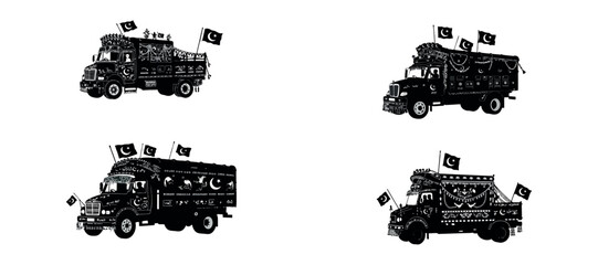 Obraz premium Silhouette of Decorated Pakistani Truck with Flags – Traditional Folk Art Style Vector