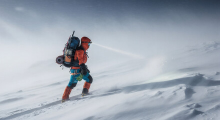 Lone mountaineer with a headlamp battling a fierce blizzard during a challenging winter ascent on a snowy peak.