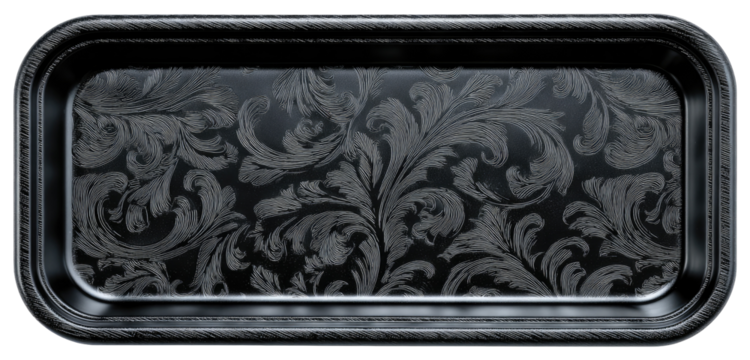 Rectangular black tray with a decorative, stylized floral pattern