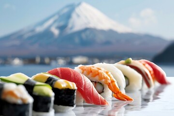 Assorted sushi rolls and nigiri served on a white table with a scenic view of Mount Fuji in the background.