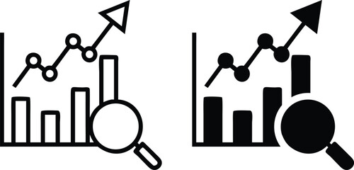 Analytics Chart Icon Set with Growth Arrow Magnifying Glass Outline and Solid Style