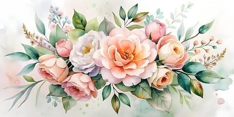 Watercolor Peach and White Roses Arrangement with Green Leaves on Light Background Design