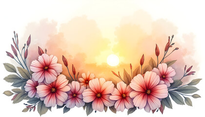 Floral Border with Pink Flowers and Sunset Sky Background
