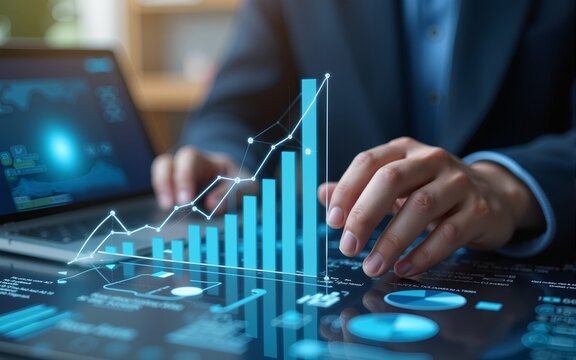 3d Business hand writing development financial graph of data management digital analysis chart concept or investment diagram stock market report and success achievement strategy on finance background.