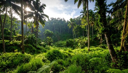 Obraz premium Lush tropical forest with sunlight filtering through palm trees