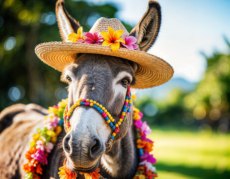 un burro solitario con sombrero de paja , gafas de sol  y un collar hawaiano