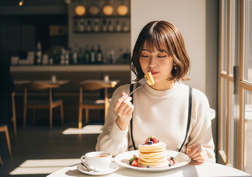 窓から光が差し込むカフェで、パンケーキを味わう女性