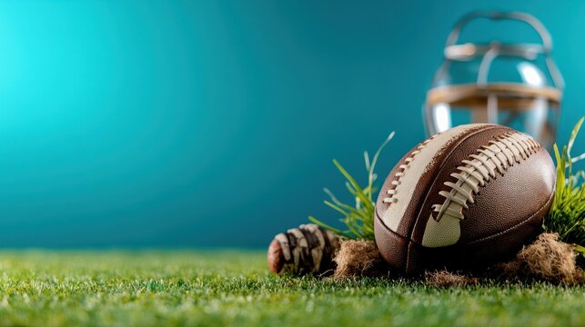 American football on green grass