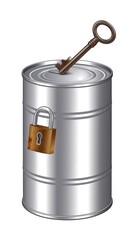 A metal can with a lock and key