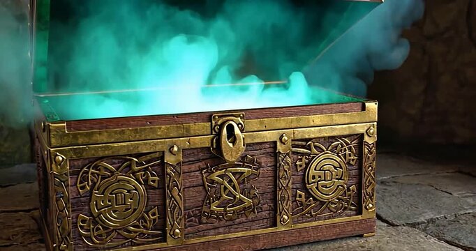 Open ornate wooden treasure chest