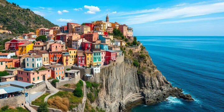 Picturesque Scilla, colorful houses clinging to Calabrian cliffs overlooking the Tyrrhenian Sea, travel photography, ancient