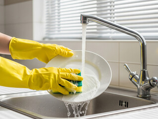 Washing dishes in a bright white-tiled kitchen using a green-yellow sponge and running water shows cleanliness and order.