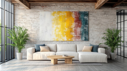 Fototapeta premium Modern living room with cozy sofa, vibrant abstract wall art, and lush plants
