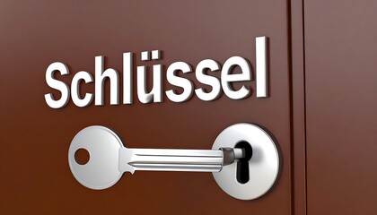 A metallic key inserted into a brown door lock