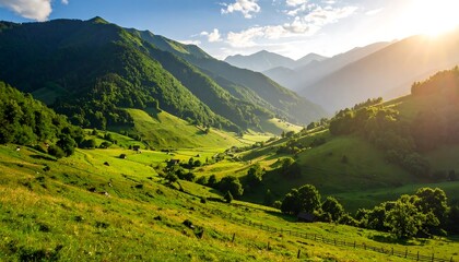 Naklejka premium Lush valley nestled between mountains at sunset