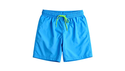 Stylish Blue Swim Trunks with Green Drawstring isolated on solid white background in Png