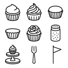 Cupcake Party Icons. Line style icons of Cupcake Party Platter: vanilla cupcake, chocolate swirl, red velvet bite, rainbow liner,