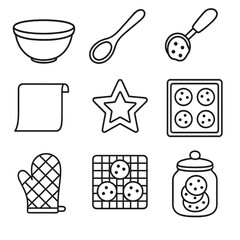 Cookie Baking Icons. Line style icons of Cookie Baking Kit: mixing bowl, wooden spoon, chocolate chip scoop, rolled dough sheet,