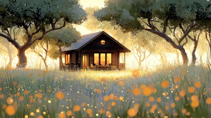 Wooden cabin in a meadow at sunrise.