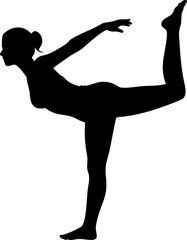 Elegant silhouettes of a young man and a woman in various yoga, dance, and sport poses, illustrating fitness and athletic bodies